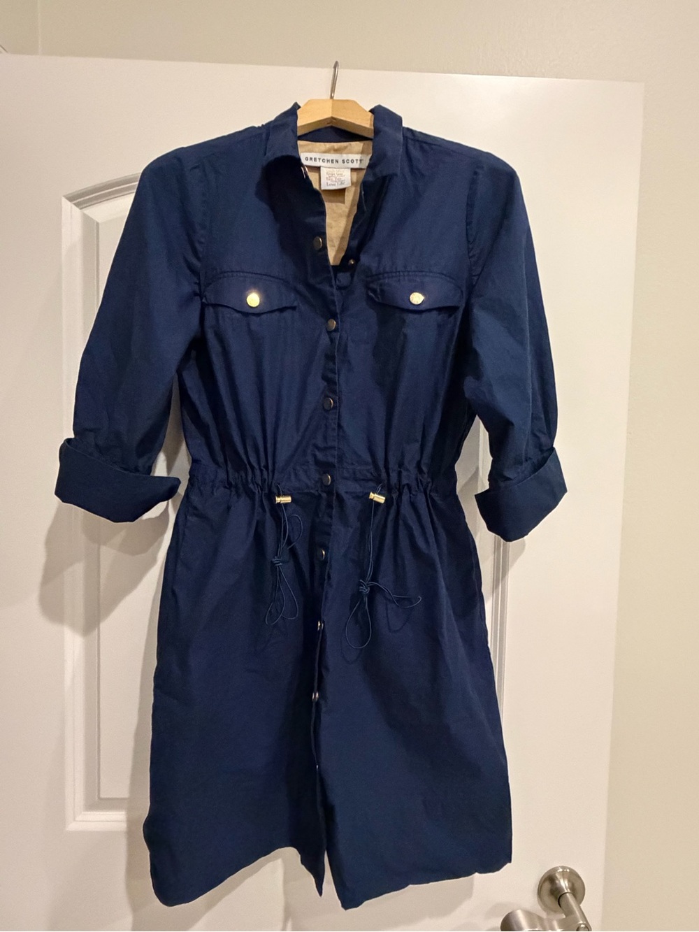 Gretchen Scott Designs Navy Blue Button-Front Drawstring Shirt Dress size S